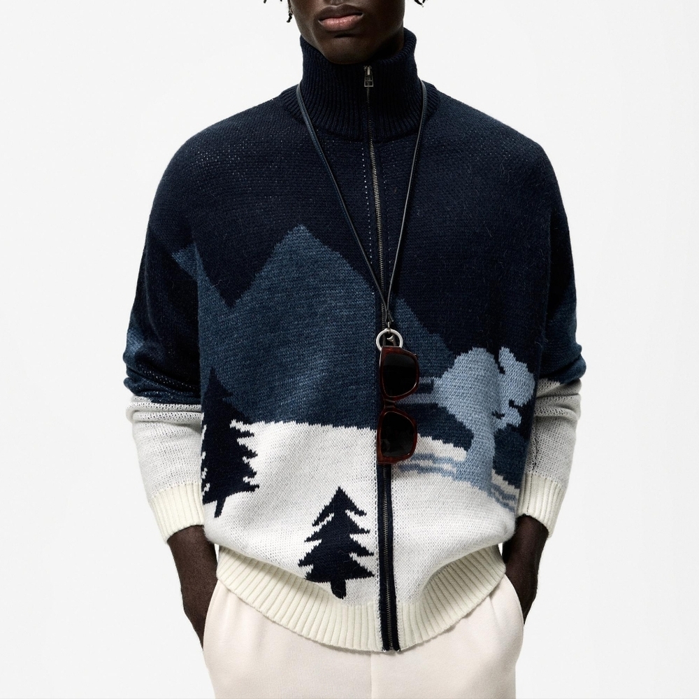 Zara Ski Jacquard Knit Jacket Blue/White Acrylic Knit Sweater Full Zip